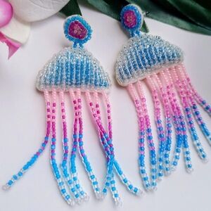 Beaded Jellyfish Earrings in Blue and Pink